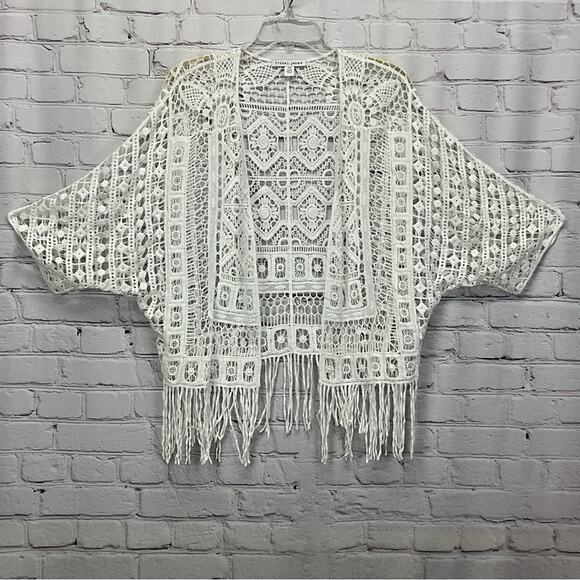 Tribal Jeans Crochet Cardigan Women's S/M White Open Front Boho Fringe Beachy - Picture 6 of 10